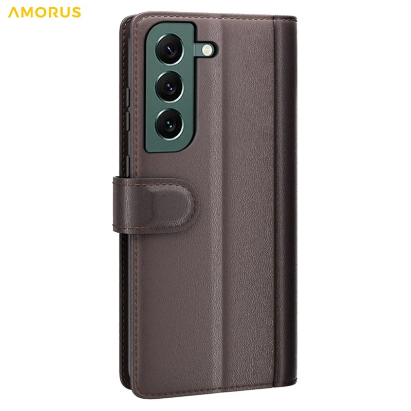 AMORUS For Samsung Galaxy S23+ Stand Cases Calf Texture Genuine Split Leather Wallet Phone Cover - Brown