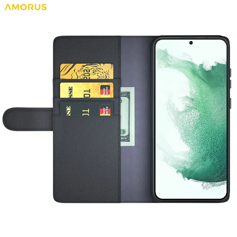 AMORUS Para Samsung Galaxy S23 Capa Carteira em Couro Legítimo com Textura de Bezerro e Suporte - Preto