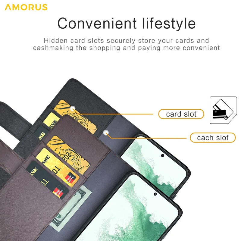 AMORUS Para Samsung Galaxy S23 Capa Carteira em Couro Legítimo com Textura de Bezerro e Suporte - Preto