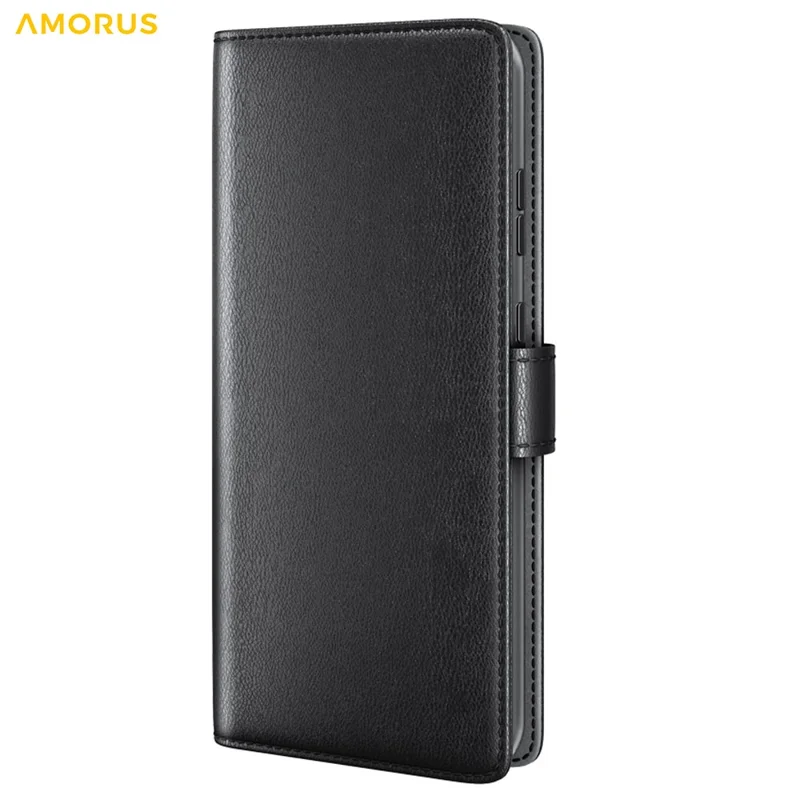 AMORUS Para Samsung Galaxy S23 Capa Carteira em Couro Legítimo com Textura de Bezerro e Suporte - Preto