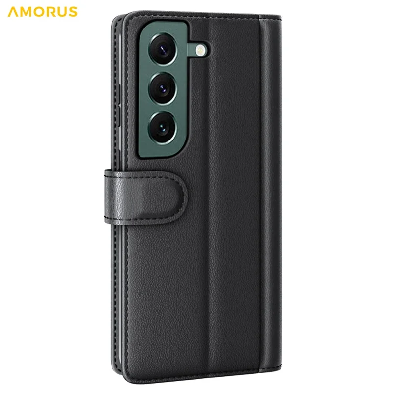 AMORUS Para Samsung Galaxy S23 Capa Carteira em Couro Legítimo com Textura de Bezerro e Suporte - Preto