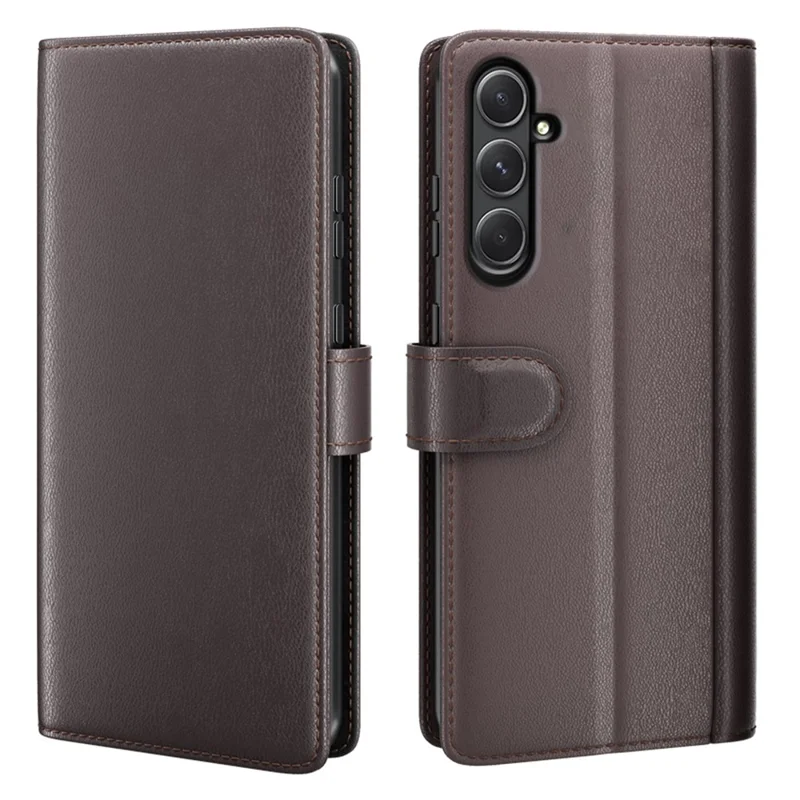 AMORUS For Samsung Galaxy A55 5G Stand Cases Calf Texture Genuine Split Leather Wallet Phone Cover - Brown