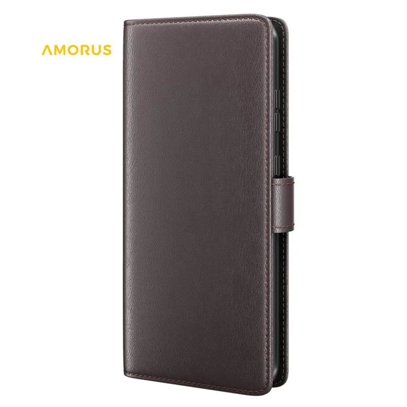 AMORUS For Samsung Galaxy A55 5G Stand Cases Calf Texture Genuine Split Leather Wallet Phone Cover - Brown