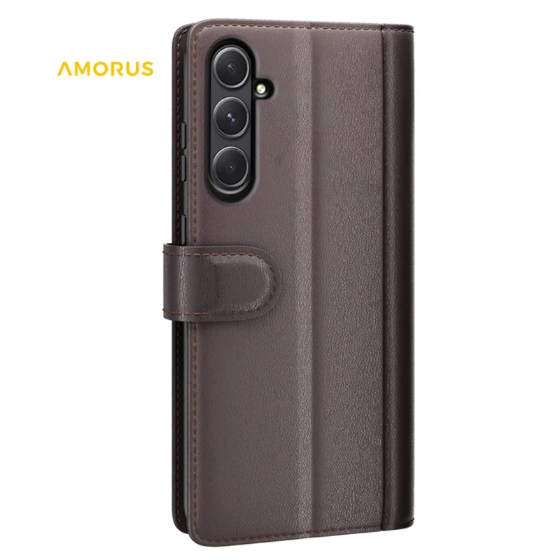 AMORUS For Samsung Galaxy A55 5G Stand Cases Calf Texture Genuine Split Leather Wallet Phone Cover - Brown