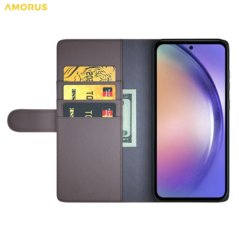 AMORUS For Samsung Galaxy A55 5G Stand Cases Calf Texture Genuine Split Leather Wallet Phone Cover - Brown