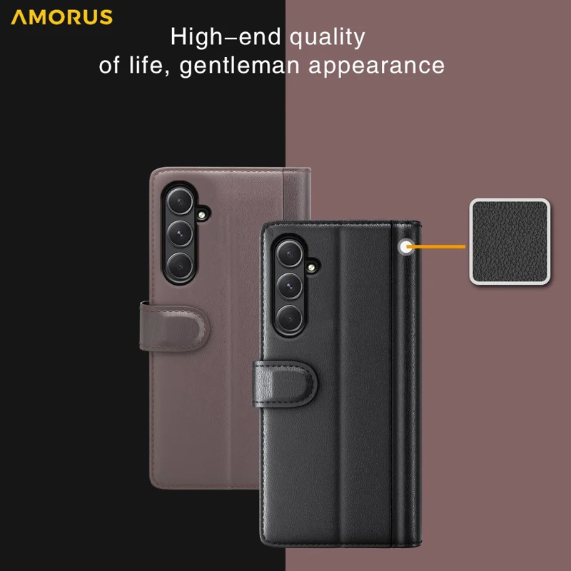 AMORUS For Samsung Galaxy A55 5G Stand Cases Calf Texture Genuine Split Leather Wallet Phone Cover - Brown