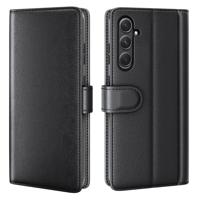 AMORUS For Samsung Galaxy A35 5G Stand Cases Calf Texture Genuine Split Leather Wallet Phone Cover - Black
