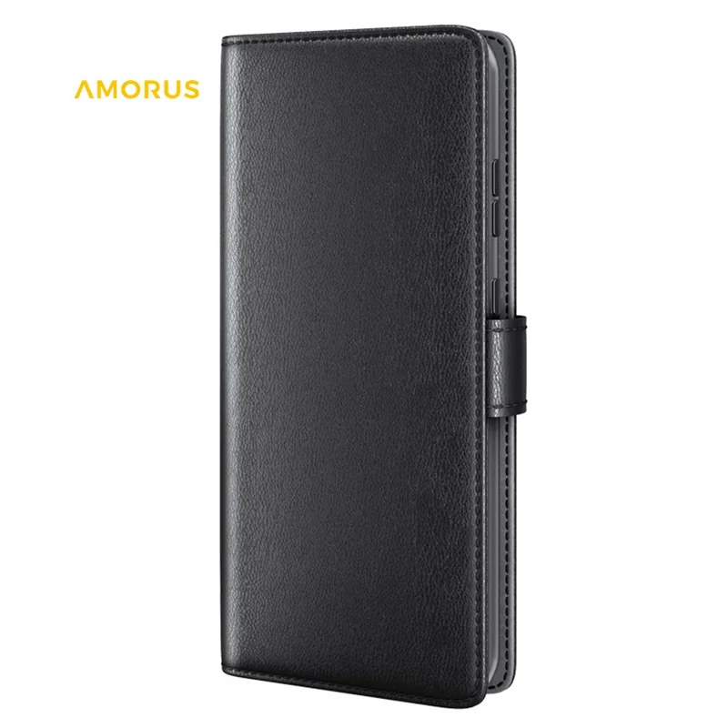 AMORUS For Samsung Galaxy A35 5G Stand Cases Calf Texture Genuine Split Leather Wallet Phone Cover - Black
