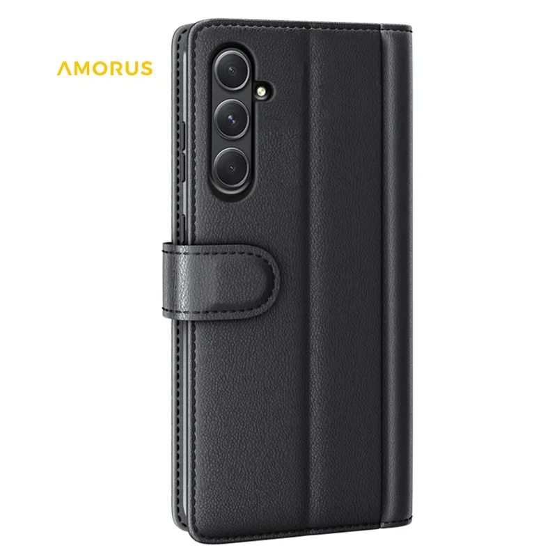 AMORUS For Samsung Galaxy A35 5G Stand Cases Calf Texture Genuine Split Leather Wallet Phone Cover - Black
