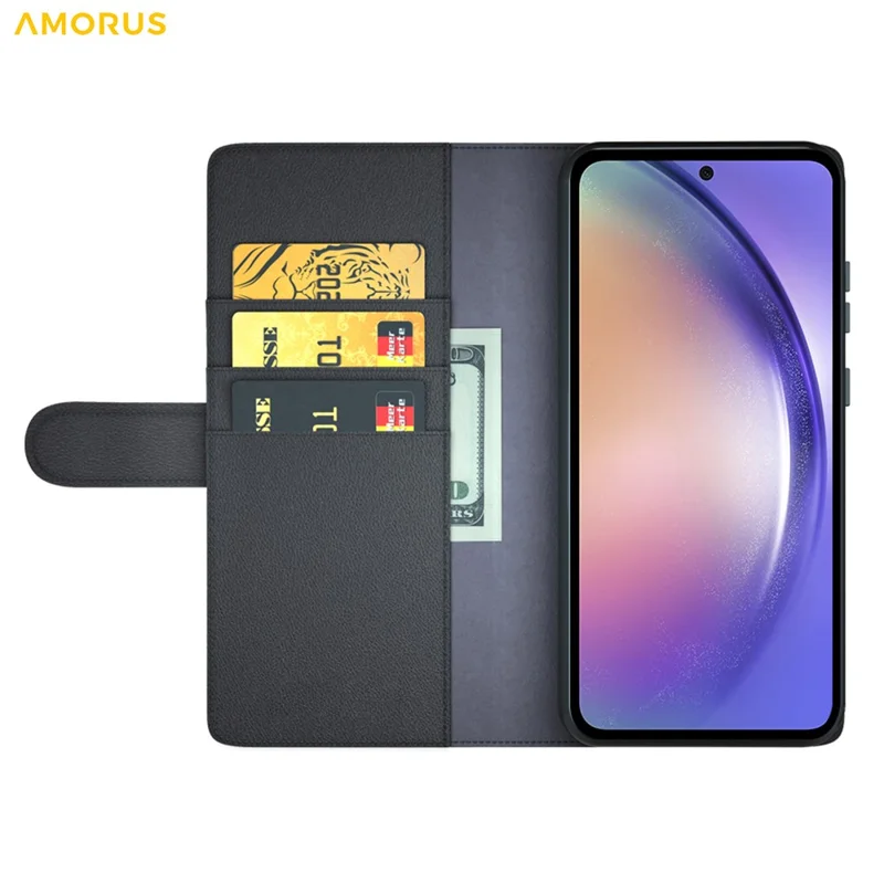 AMORUS For Samsung Galaxy A35 5G Stand Cases Calf Texture Genuine Split Leather Wallet Phone Cover - Black