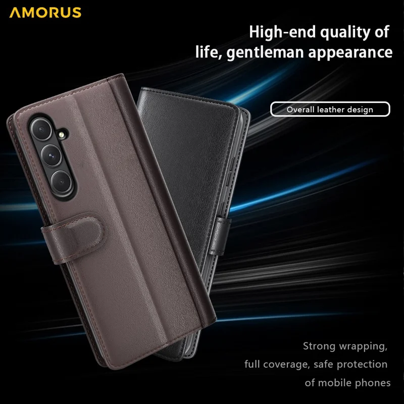 AMORUS For Samsung Galaxy A35 5G Stand Cases Calf Texture Genuine Split Leather Wallet Phone Cover - Black