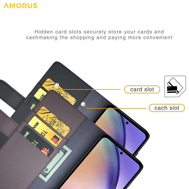 AMORUS For Samsung Galaxy A35 5G Stand Cases Calf Texture Genuine Split Leather Wallet Phone Cover - Black