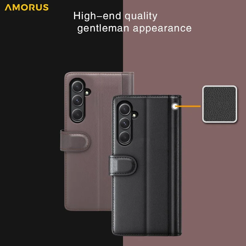 AMORUS For Samsung Galaxy A35 5G Stand Cases Calf Texture Genuine Split Leather Wallet Phone Cover - Black