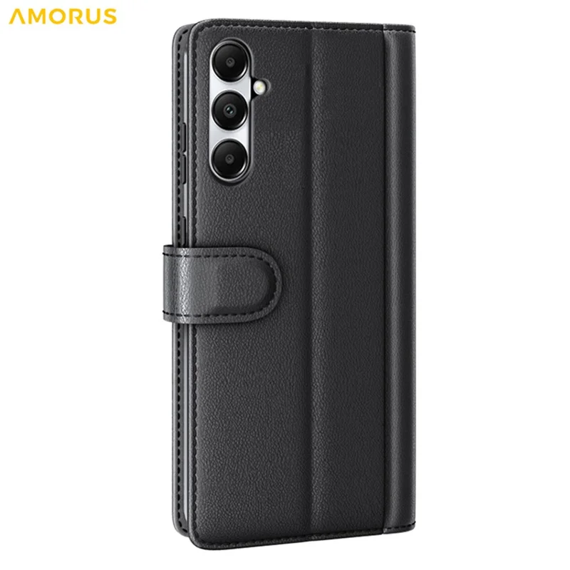 AMORUS pour Samsung Galaxy A05s 4G étui support motif texture de veau en cuir véritable et cuir synthétique étui portefeuille pour téléphone - Noir