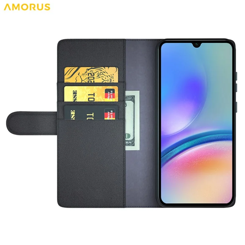AMORUS pour Samsung Galaxy A05s 4G étui support motif texture de veau en cuir véritable et cuir synthétique étui portefeuille pour téléphone - Noir