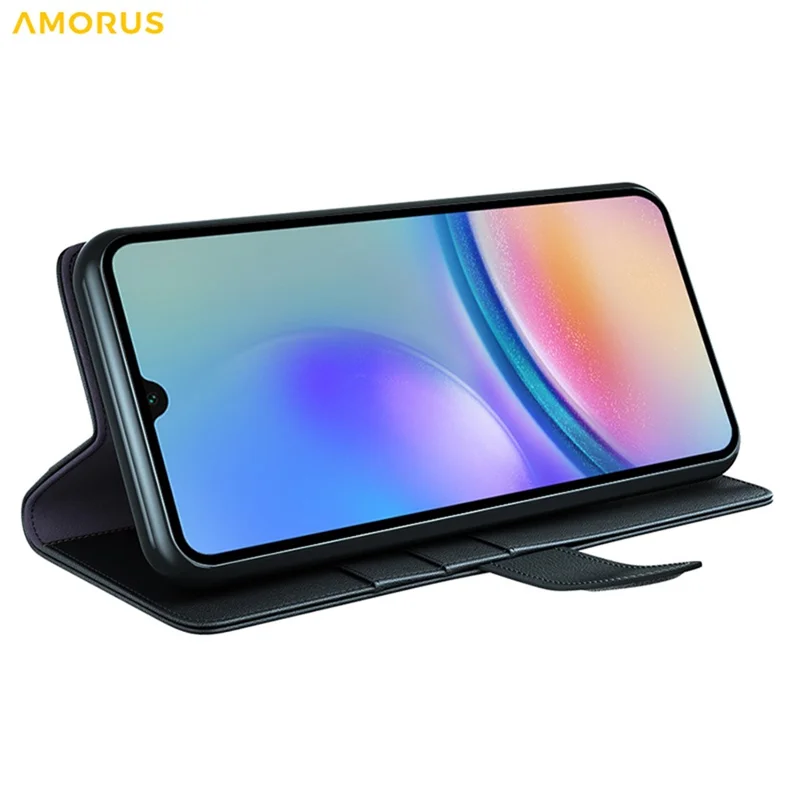AMORUS pour Samsung Galaxy A05s 4G étui support motif texture de veau en cuir véritable et cuir synthétique étui portefeuille pour téléphone - Noir
