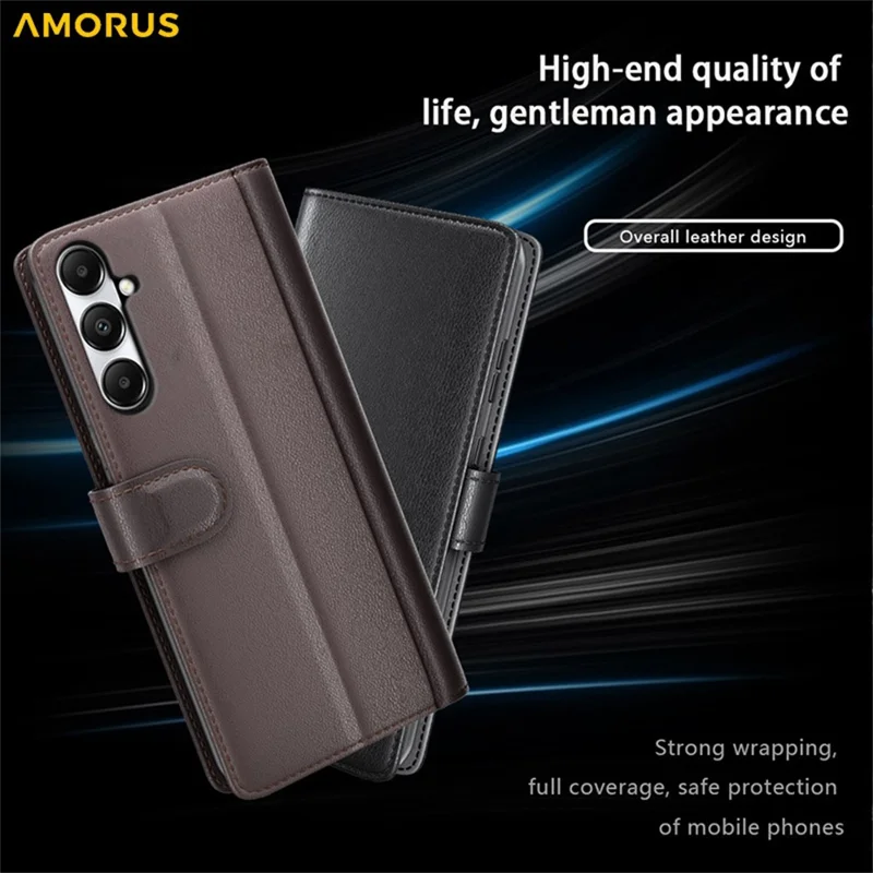 AMORUS pour Samsung Galaxy A05s 4G étui support motif texture de veau en cuir véritable et cuir synthétique étui portefeuille pour téléphone - Noir