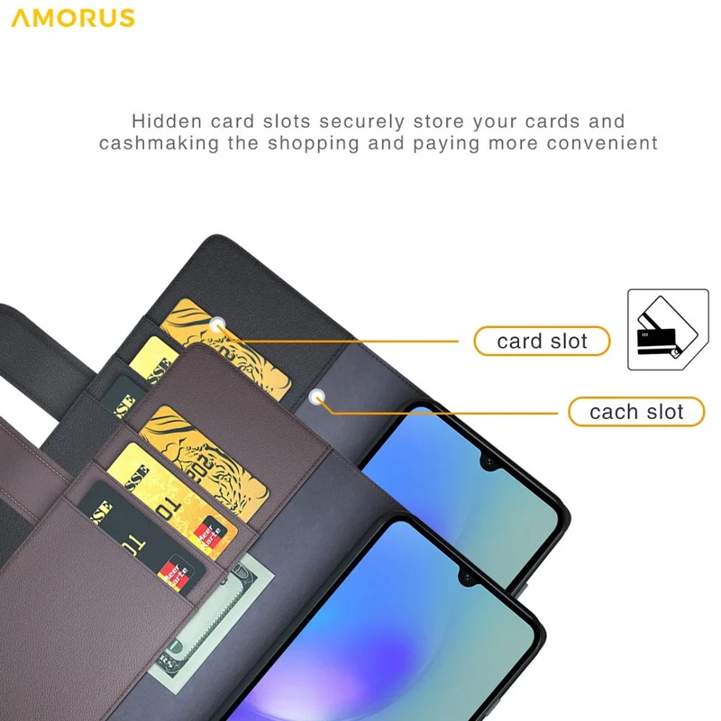 AMORUS pour Samsung Galaxy A05s 4G étui support motif texture de veau en cuir véritable et cuir synthétique étui portefeuille pour téléphone - Noir