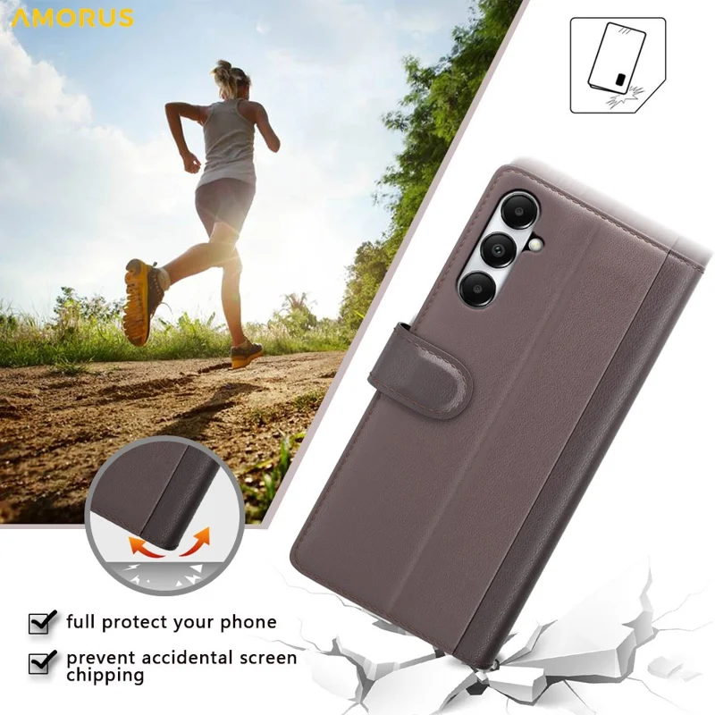 AMORUS pour Samsung Galaxy A05s 4G étui support motif texture de veau en cuir véritable et cuir synthétique étui portefeuille pour téléphone - Noir