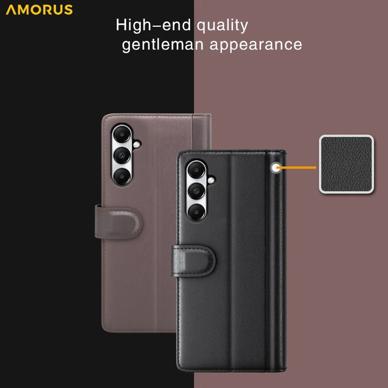 AMORUS pour Samsung Galaxy A05s 4G étui support motif texture de veau en cuir véritable et cuir synthétique étui portefeuille pour téléphone - Noir