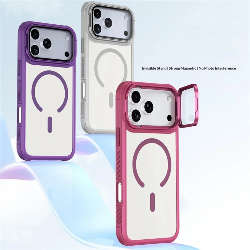 Capa Magnética para iPhone 17 Pro Max Compatível com MagSafe, Capa Transparente com Suporte de Lente e Base - Roxo
