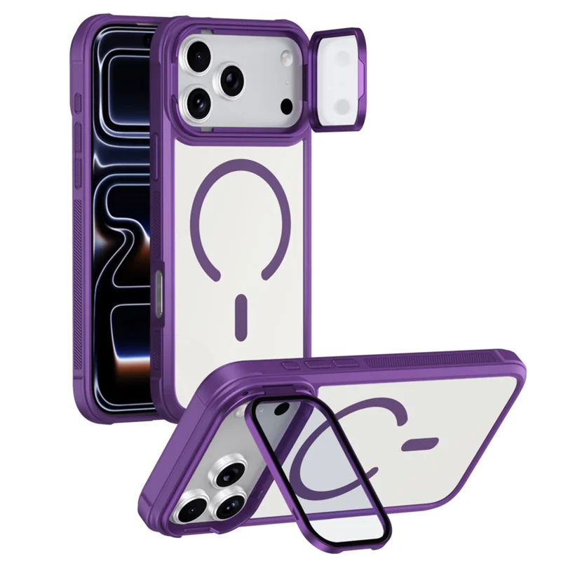 Étui magnétique pour iPhone 17 Pro compatible MagSafe, coque transparente avec support à rabat et protection d'objectif - Violet
