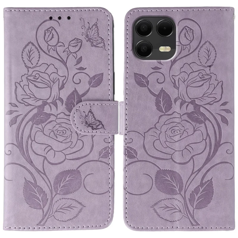 Étui pour T-Mobile Revvl 8 Pro, portefeuille avec support, motif imprimé de rose et papillon, housse en cuir PU - Violet