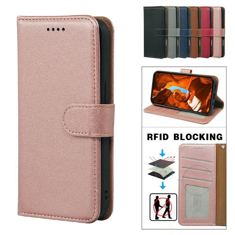 For Motorola Edge 60 Neo 5G / Edge 50 Neo 5G / Moto S50 5G / ThinkPhone 25 5G Case RFID Blocking Wallet Litchi Texture Leather Phone Cover Magnetic Clasp - Rose Gold