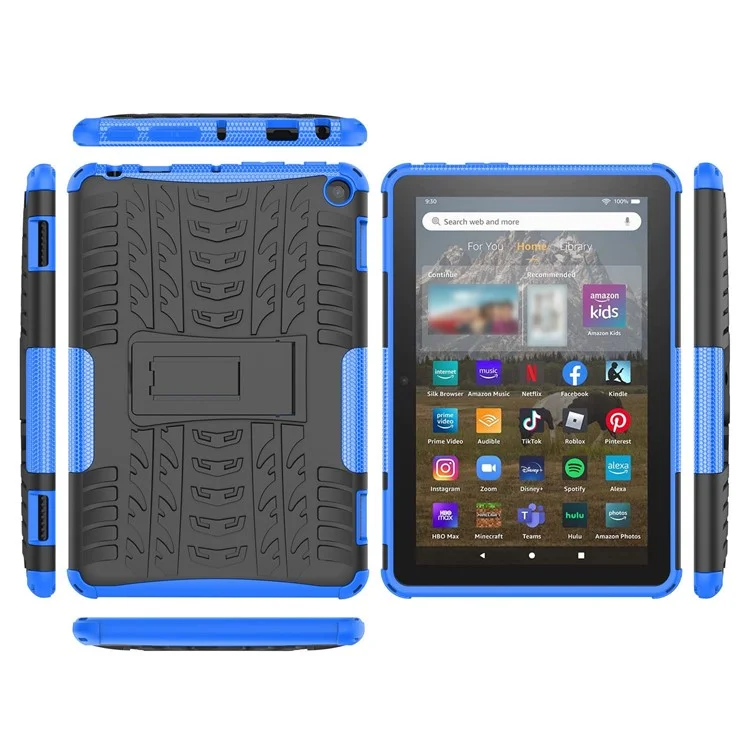 Für Amazon Fire HD 8 (2022) Cool Tire Muster Kickstand Hülle Hybrid PC + TPU Anti-drop-tablet-schutzabdeckung - Blau