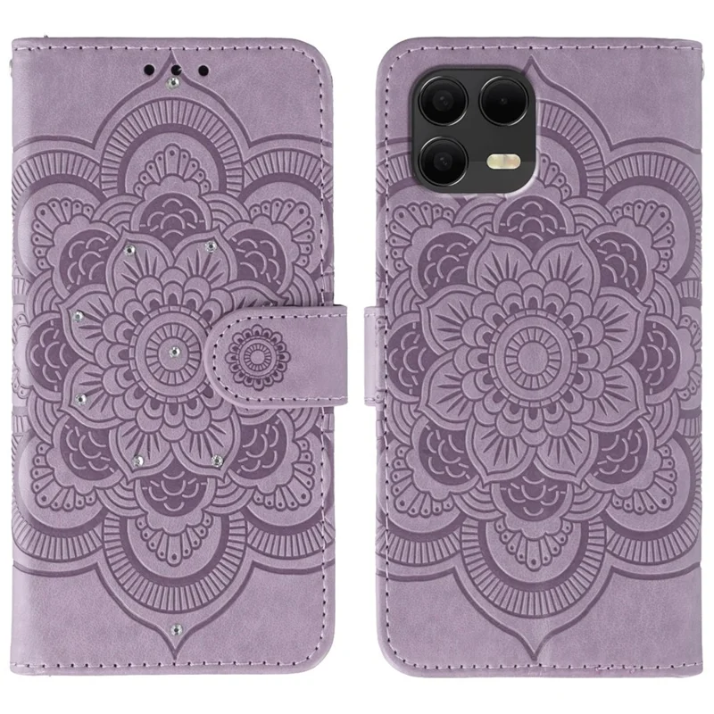 For T-Mobile Revvl 8 Pro Case Rhinestone Decor PU Leather Mandala Imprint Phone Cover with Wrist Strap - Purple