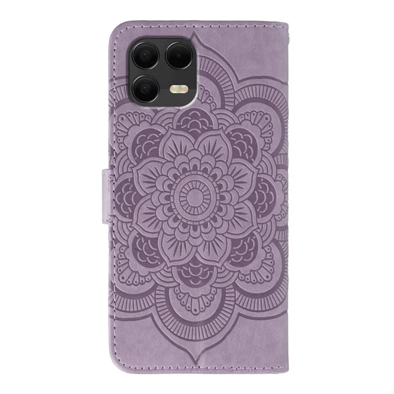 For T-Mobile Revvl 8 Pro Case Rhinestone Decor PU Leather Mandala Imprint Phone Cover with Wrist Strap - Purple
