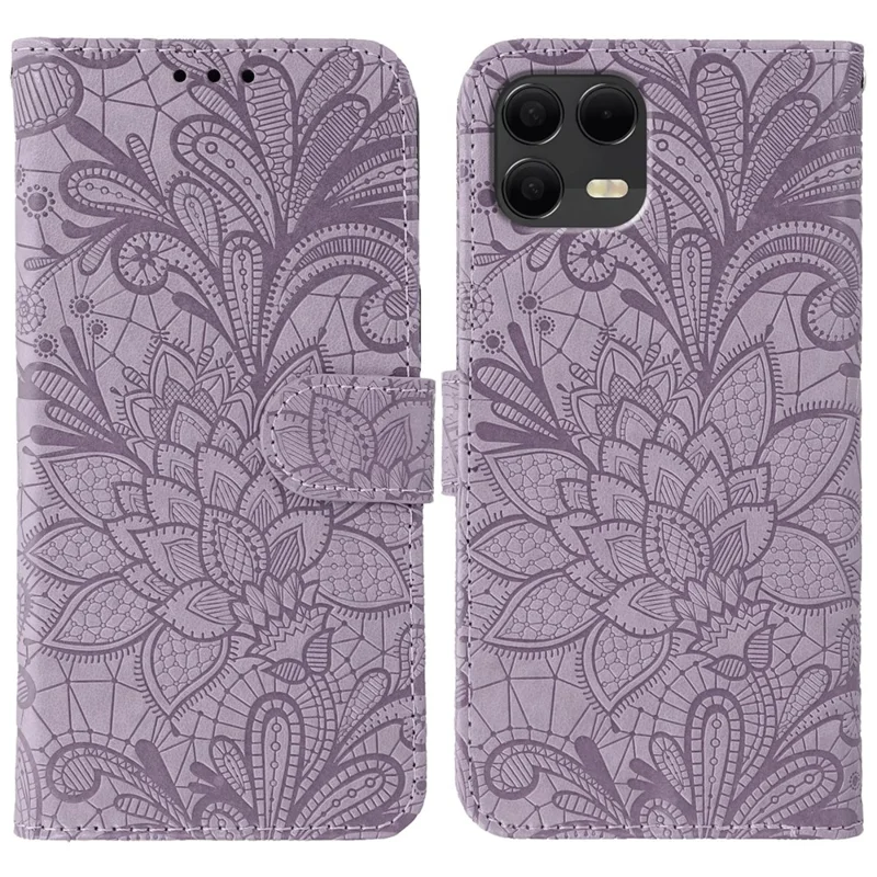 For T-Mobile Revvl 8 Pro Case Lace Flowers PU Leather Flip Wallet Phone Cover - Purple