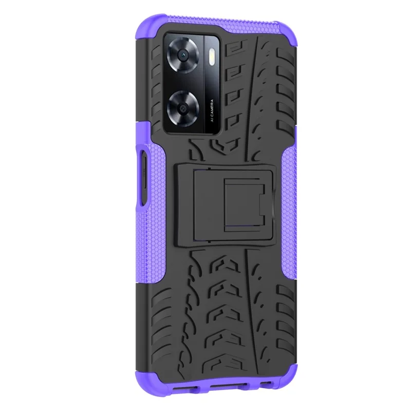 For Oppo A57 4G / A57s 4G Tyre Pattern Design PC+TPU Phone Back Case Drop-proof Kickstand Protective Cover - Purple