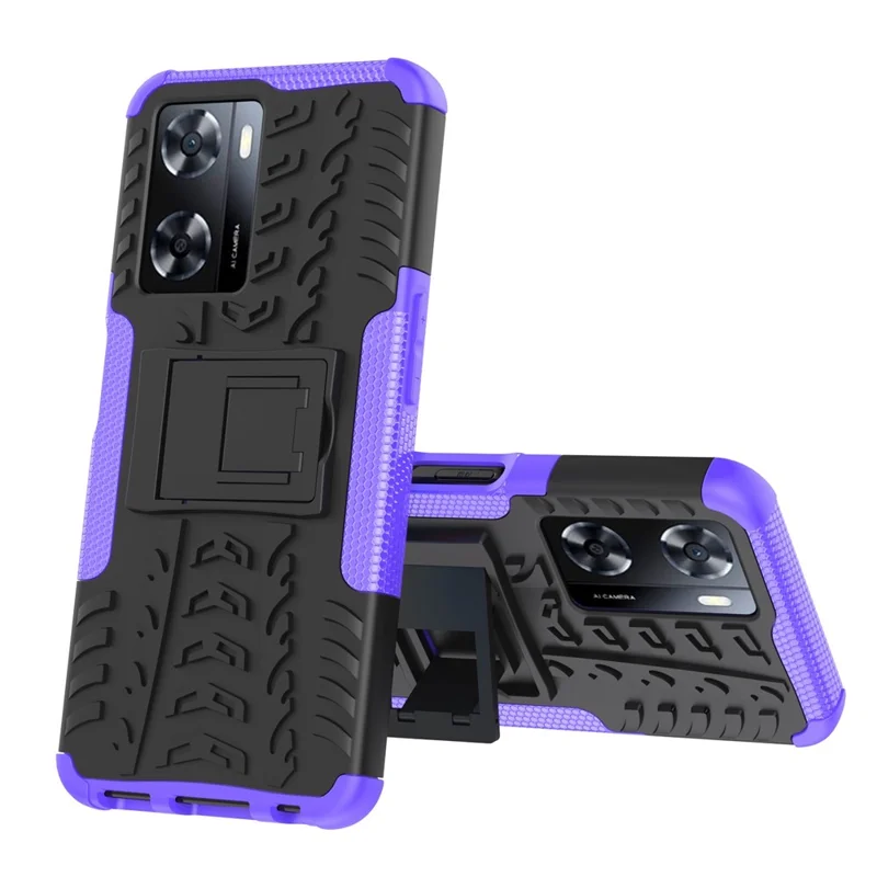 For Oppo A57 4G / A57s 4G Tyre Pattern Design PC+TPU Phone Back Case Drop-proof Kickstand Protective Cover - Purple