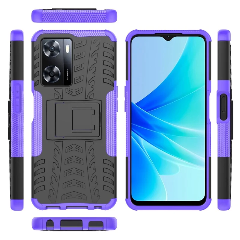 For Oppo A57 4G / A57s 4G Tyre Pattern Design PC+TPU Phone Back Case Drop-proof Kickstand Protective Cover - Purple