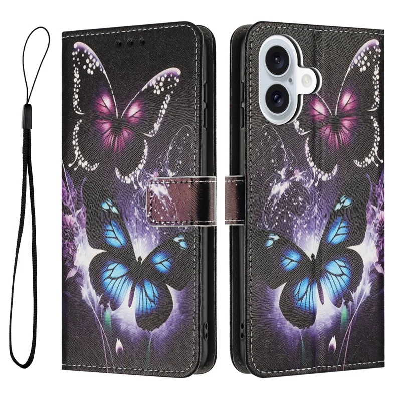 Bulk Purchasing For iPhone 17 Wallet Case Pattern Printing PU Leather Phone Cover with Lanyard - Two Butterflies