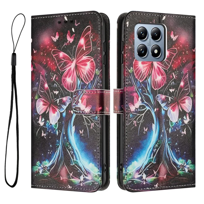 Hurtowa sprzedaż etui portfelowego na Xiaomi 15T, pokrowiec z nadrukiem motylów i drzewa, z linką, z syntetycznej skóry PU