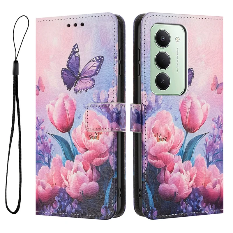 Achat en gros pour étui portefeuille Xiaomi Redmi 15 4G (169 mm) avec impression de motif, housse en cuir PU avec dragonne - Fleur rose et papillon