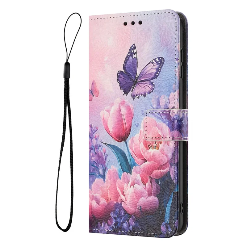 Achat en gros pour étui portefeuille Xiaomi Redmi 15 4G (169 mm) avec impression de motif, housse en cuir PU avec dragonne - Fleur rose et papillon