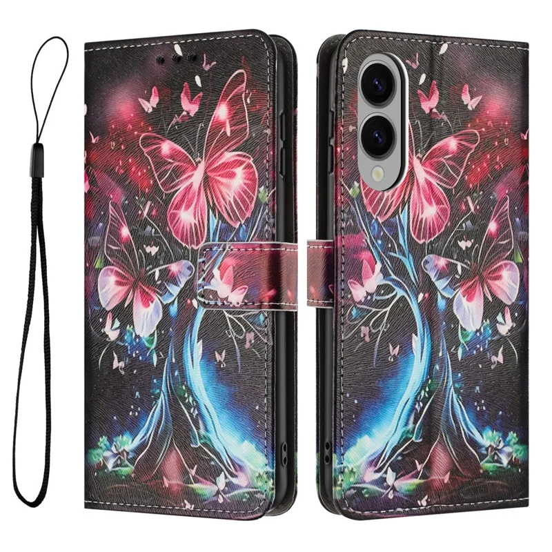 Håndkøb til Samsung Galaxy S25 Edge Wallet Case med mønstertryk, PU-læder telefonbeskyttelse med snor - Butterfly Tree