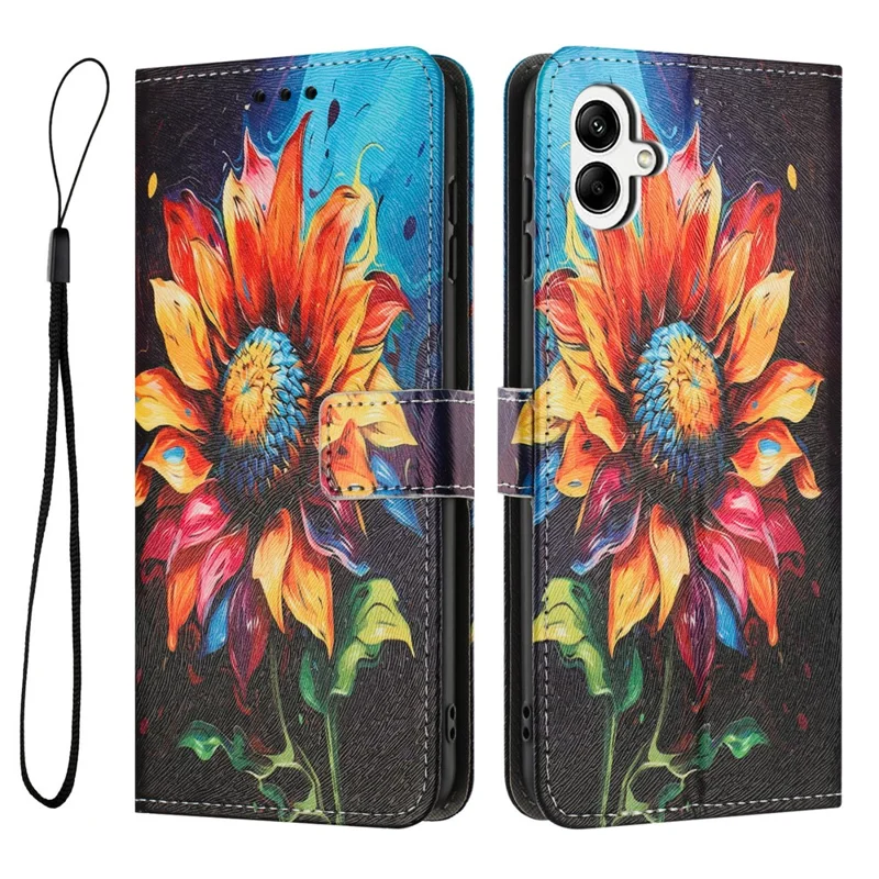 Bulk Purchasing For Samsung Galaxy A06 4G / 5G Wallet Case Pattern Printing PU Leather Phone Cover with Lanyard - Sunflower