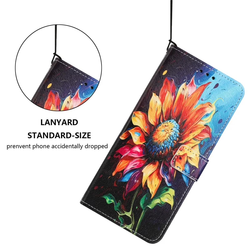 Bulk Purchasing For Samsung Galaxy A06 4G / 5G Wallet Case Pattern Printing PU Leather Phone Cover with Lanyard - Sunflower