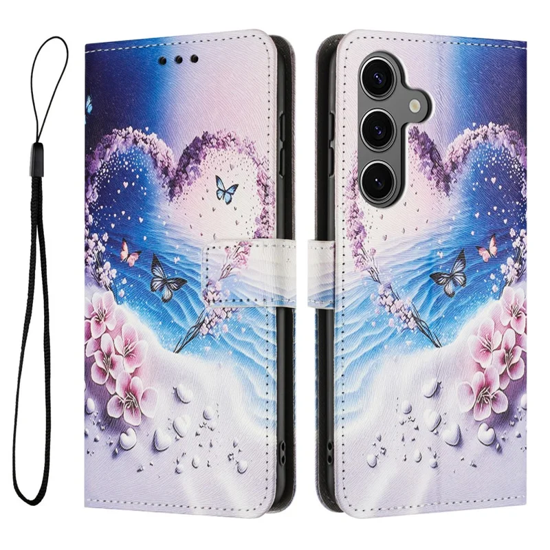 Bulk Purchasing For Samsung Galaxy S25+ / S24+ Wallet Case Pattern Printing PU Leather Phone Cover with Lanyard - Heart Butterfly