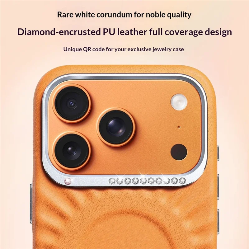 JAUCASE Coque pour iPhone 17 Pro Max Compatible avec MagSafe Cadre de lentille métallique décoré de strass Coque arrière en PU + TPU - Blanc