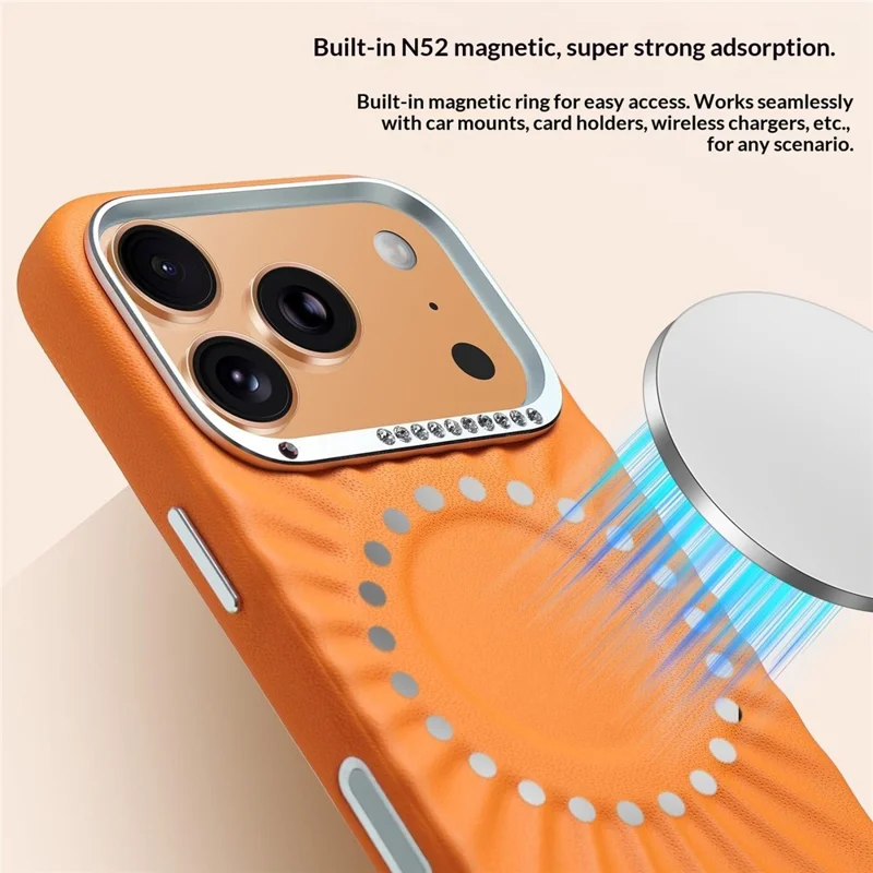 JAUCASE Coque pour iPhone 17 Pro Max Compatible avec MagSafe Cadre de lentille métallique décoré de strass Coque arrière en PU + TPU - Blanc