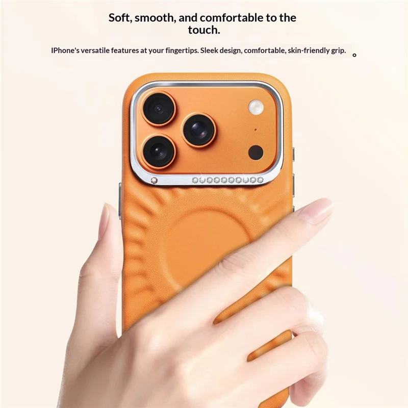 JAUCASE Чехол для iPhone 17 Pro Совместим с MagSafe Рамка камеры с имитацией бриллиантов Металлическая рамка объектива Задняя панель из искусственной кожи PU + ТПУ - Оранжевый
