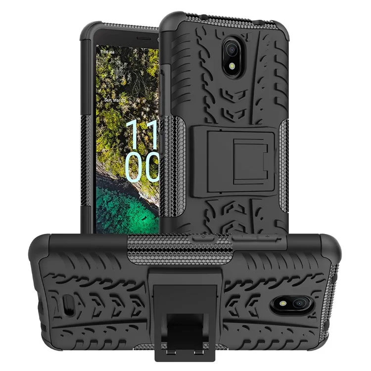 Para Nokia C100 4G Hard PC+TPU Tires Style Fall Rugged Phase Case Kickstand Anti-Slip Shock a Prueba de Choque - Negro