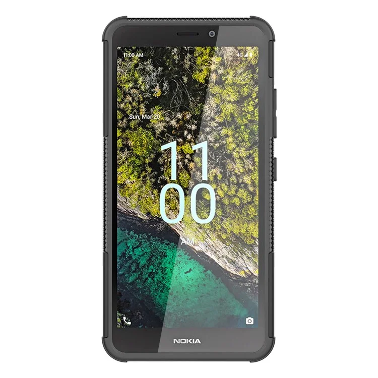 Para Nokia C100 4G Hard PC+TPU Tires Style Fall Rugged Phase Case Kickstand Anti-Slip Shock a Prueba de Choque - Negro