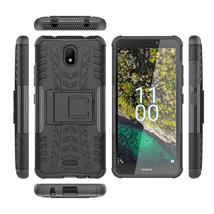 Para Nokia C100 4G Hard PC+TPU Tires Style Fall Rugged Phase Case Kickstand Anti-Slip Shock a Prueba de Choque - Negro