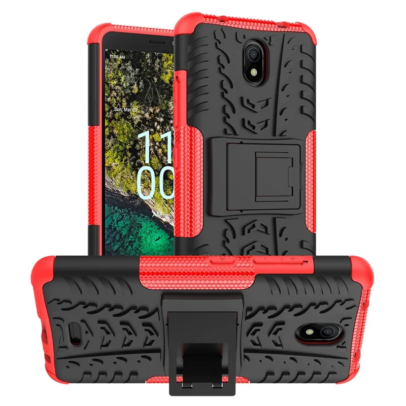 For Nokia C100 4G Hard PC+TPU Tires Style Cool Rugged Phone Case Kickstand Anti-Slip Shockproof Cover - Red